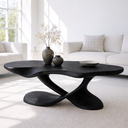 Modern Solid Wood Coffee Table with Sculptural Curved Base for Living Room Kitchnce
