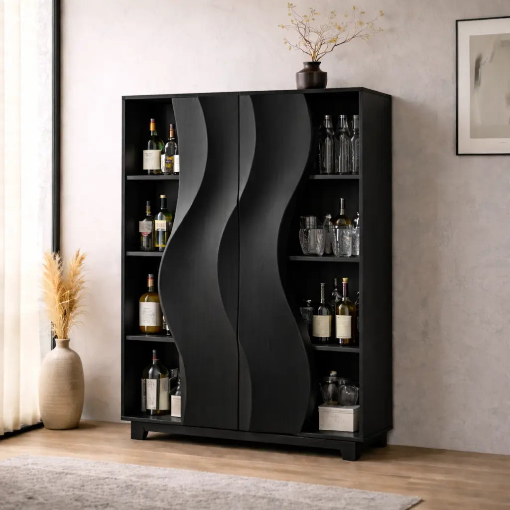 Solid Wood Bar Cabinet with Sculpted Wave Doors and Open Bottle Storage Kitchnce