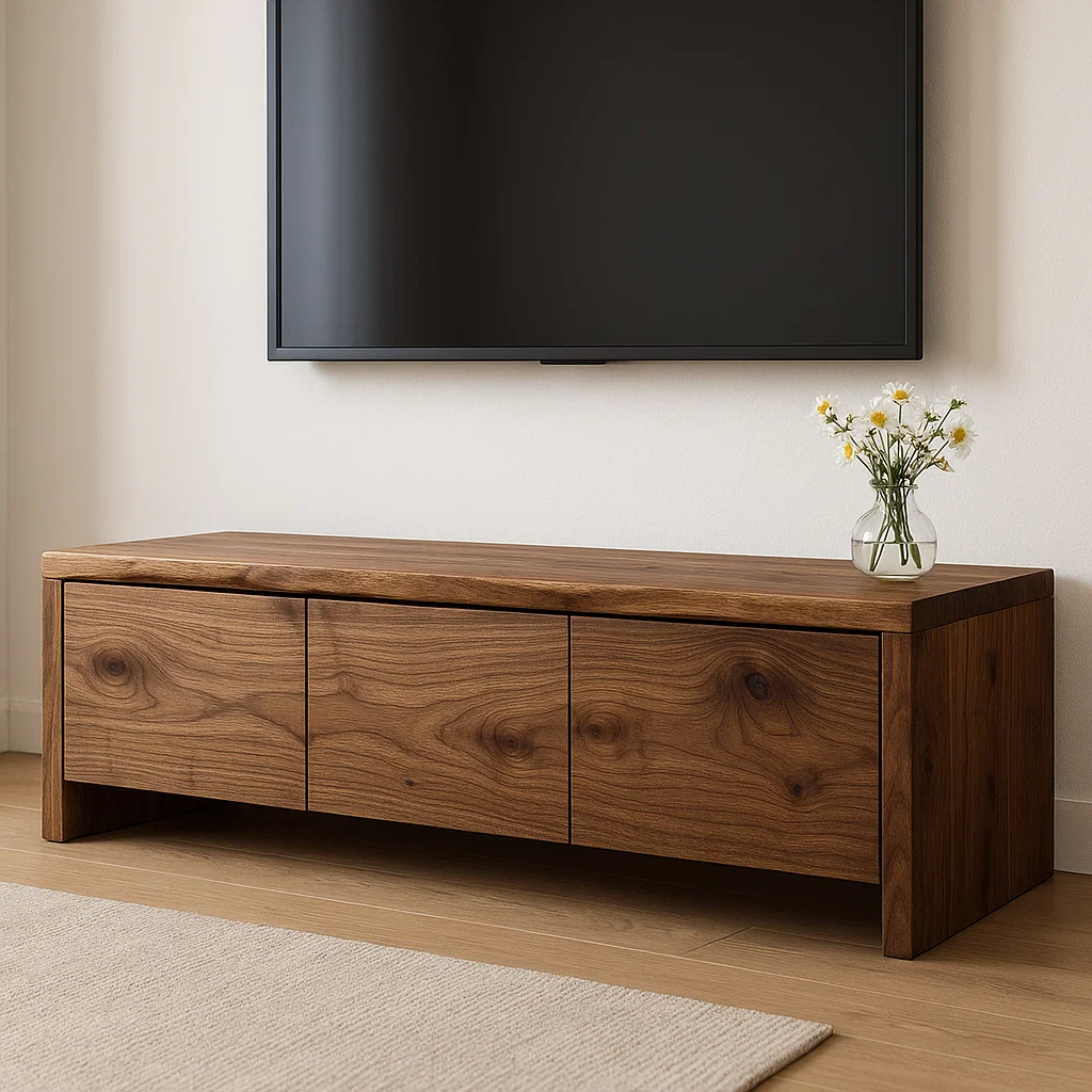 Handcrafted Solid Wood TV Stand - Live Edge Walnut with 3 Seamless Drawers Kitchnce