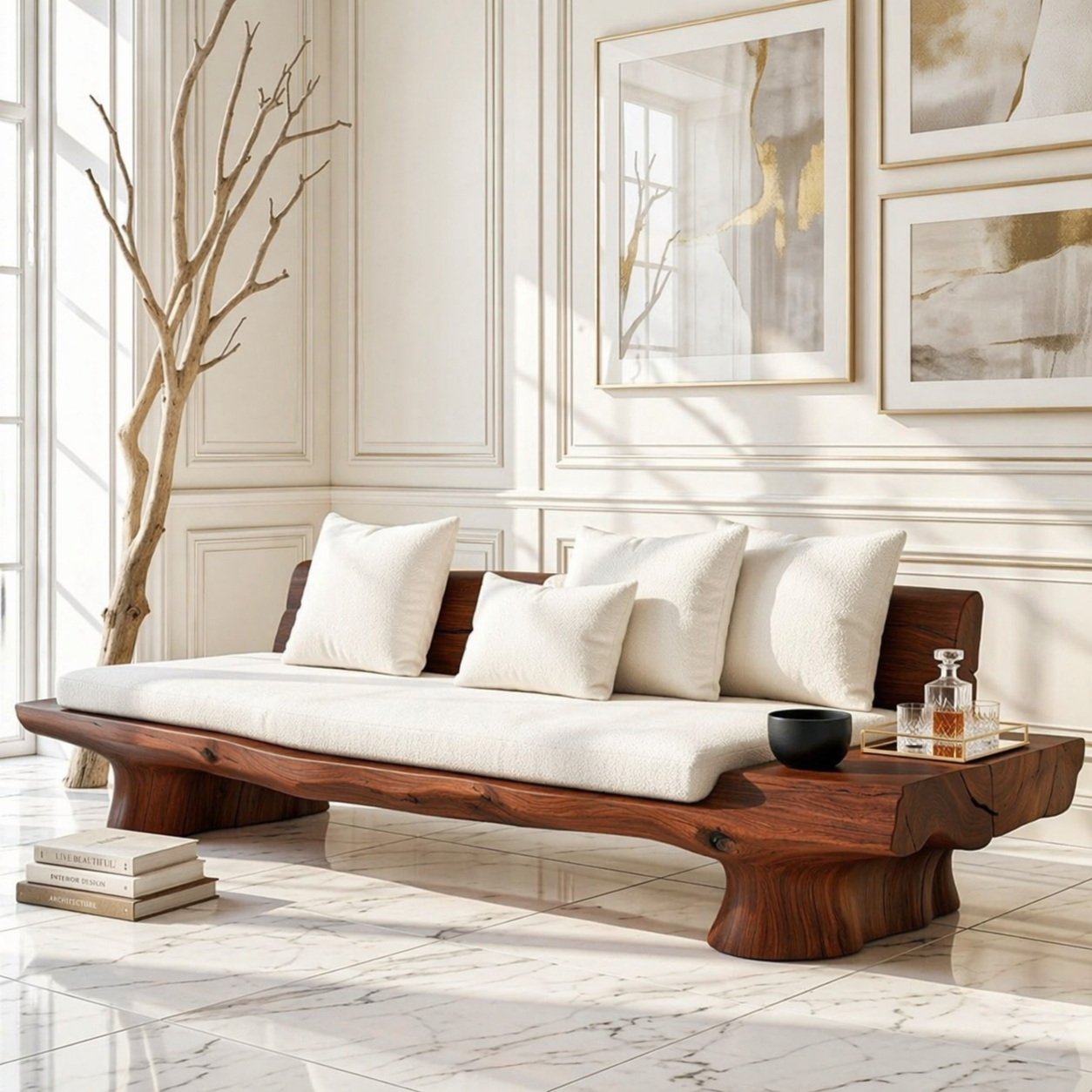 Organic Modern Wooden Sofa, Minimalist Statement Daybed with Plush Cream Cushions