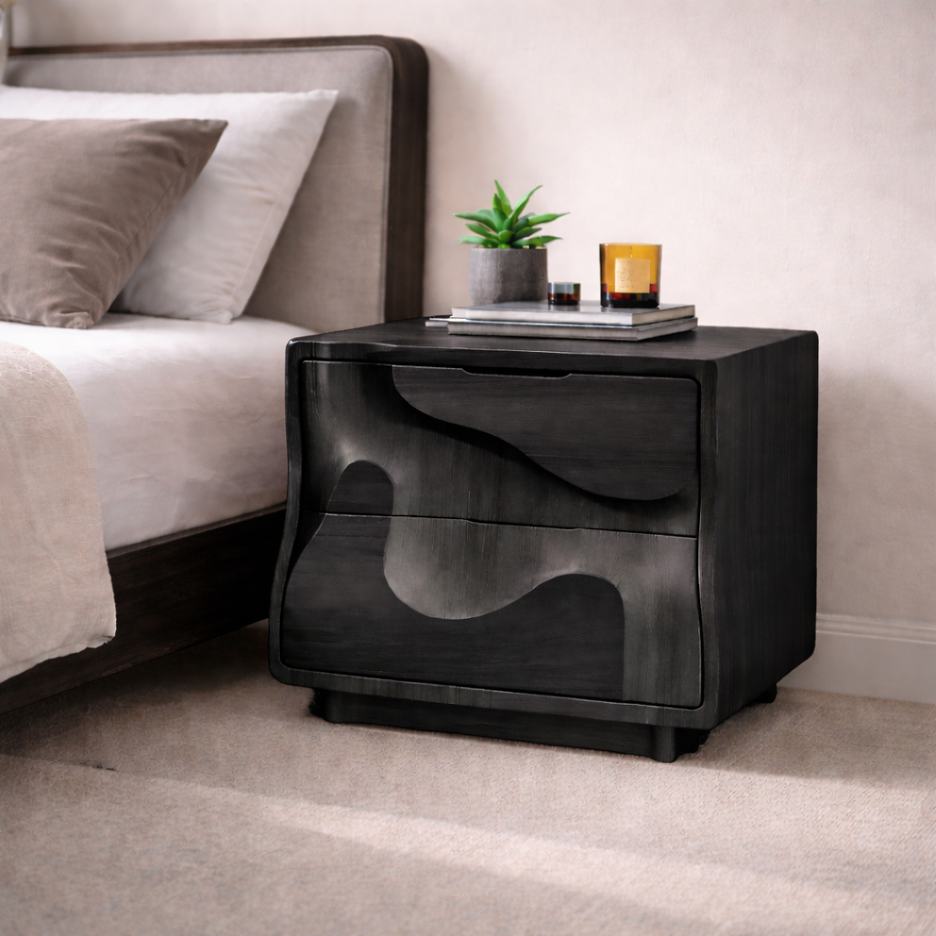 Modern Solid Wood Nightstand with 2 Drawers – Sculptural Bedside Table Storage