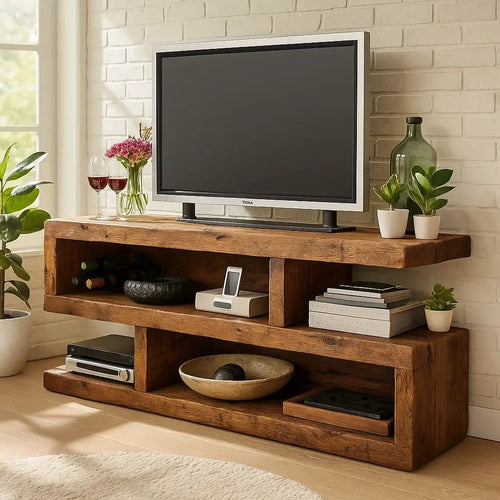 Rustic Solid Wood TV Stand – Handcrafted 3-Tier Media Console with Open Shelves and Natural Finish for Living Room Kitchnce