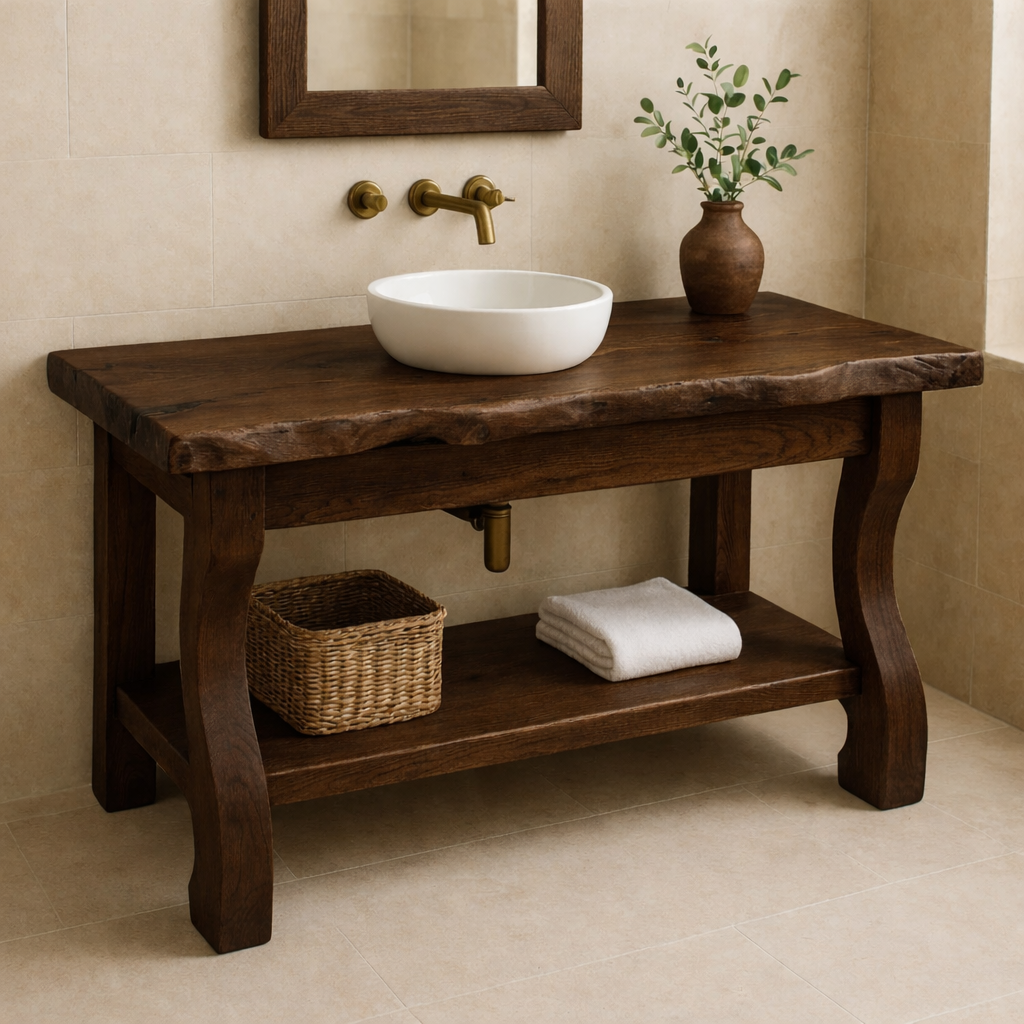 Solid Oak Floating Bathroom Vanity with Round Sink and Brass Fixtures Kitchnce