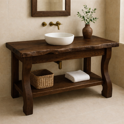 Solid Oak Floating Bathroom Vanity with Round Sink and Brass Fixtures Kitchnce