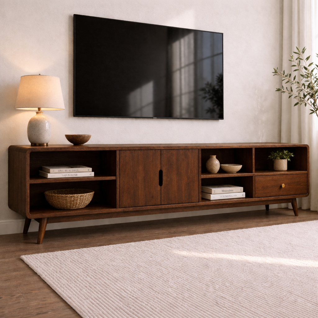 Solid Wood TV Console with Cabinets and Open Shelf Storage