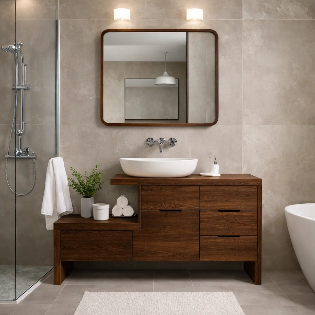 Modern Solid Wood Bathroom Vanity Cabinet with Drawers & Open Shelf Storage