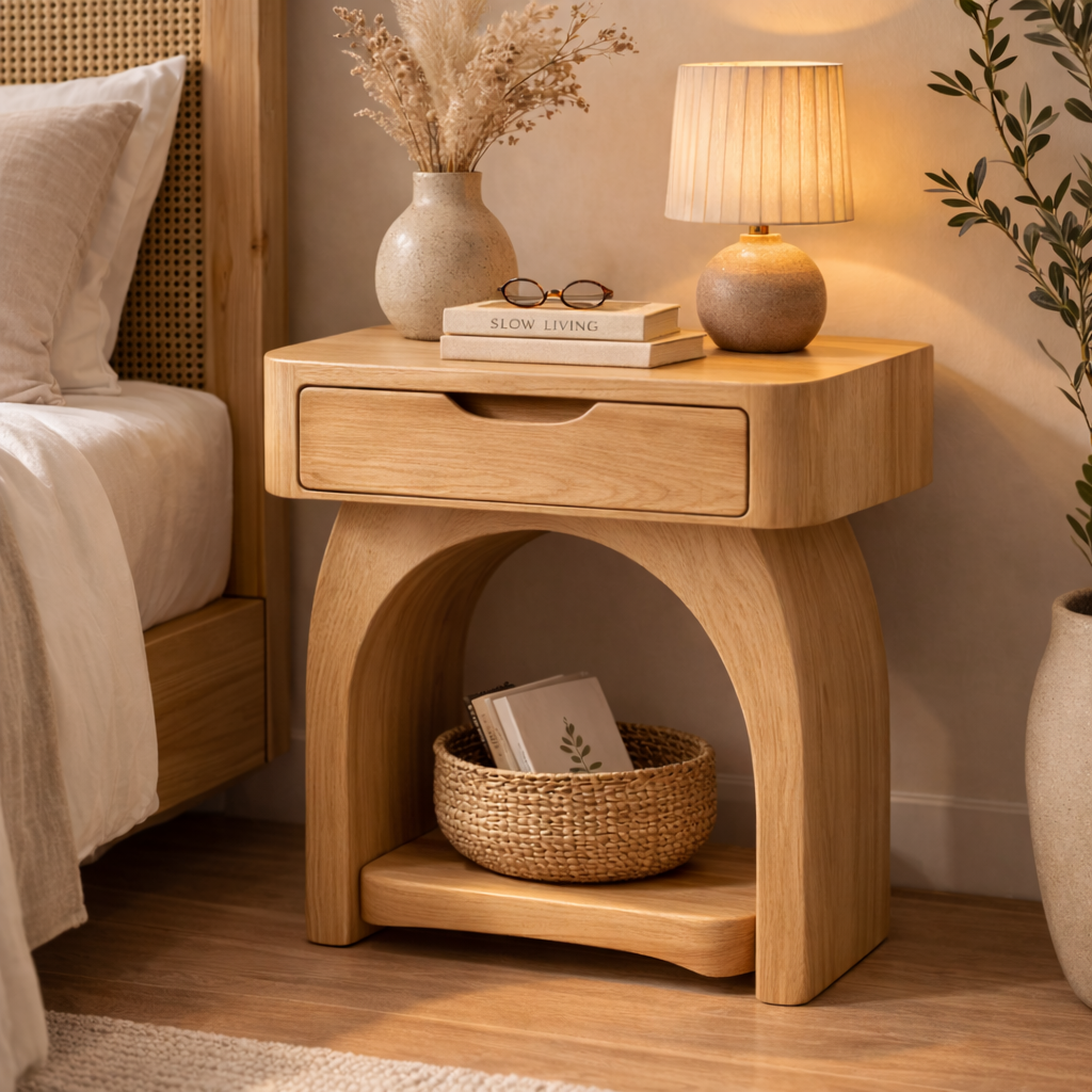 Solid Wood Nightstand with Drawer and Shelf – Modern Bedside Table for Bedroom Kitchnce