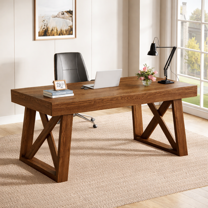 Contemporary Executive Desk with Architectural X-Frame Base, Minimalist Office Workstation Table