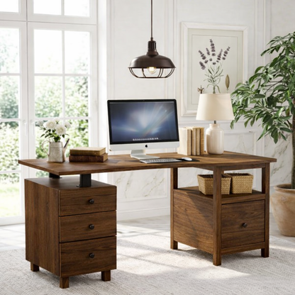 Modern Desk with Storage Drawers and Open Shelf Home Office Desk