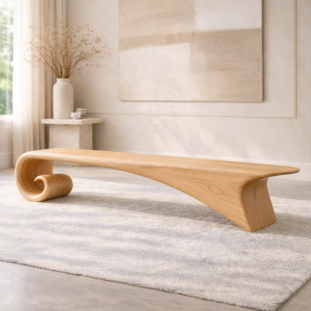 Modern Curved Entryway Bench Sculptural Wooden Hallway Seat Minimalist Furniture