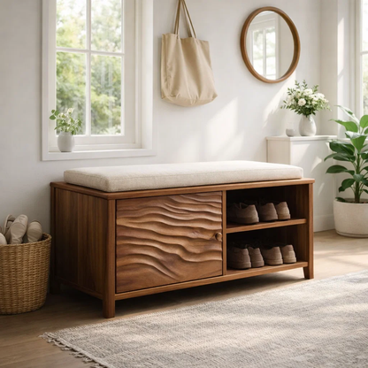 Solid Wood Shoe Bench with Cushion & Storage – Entryway Organizer with Shelf