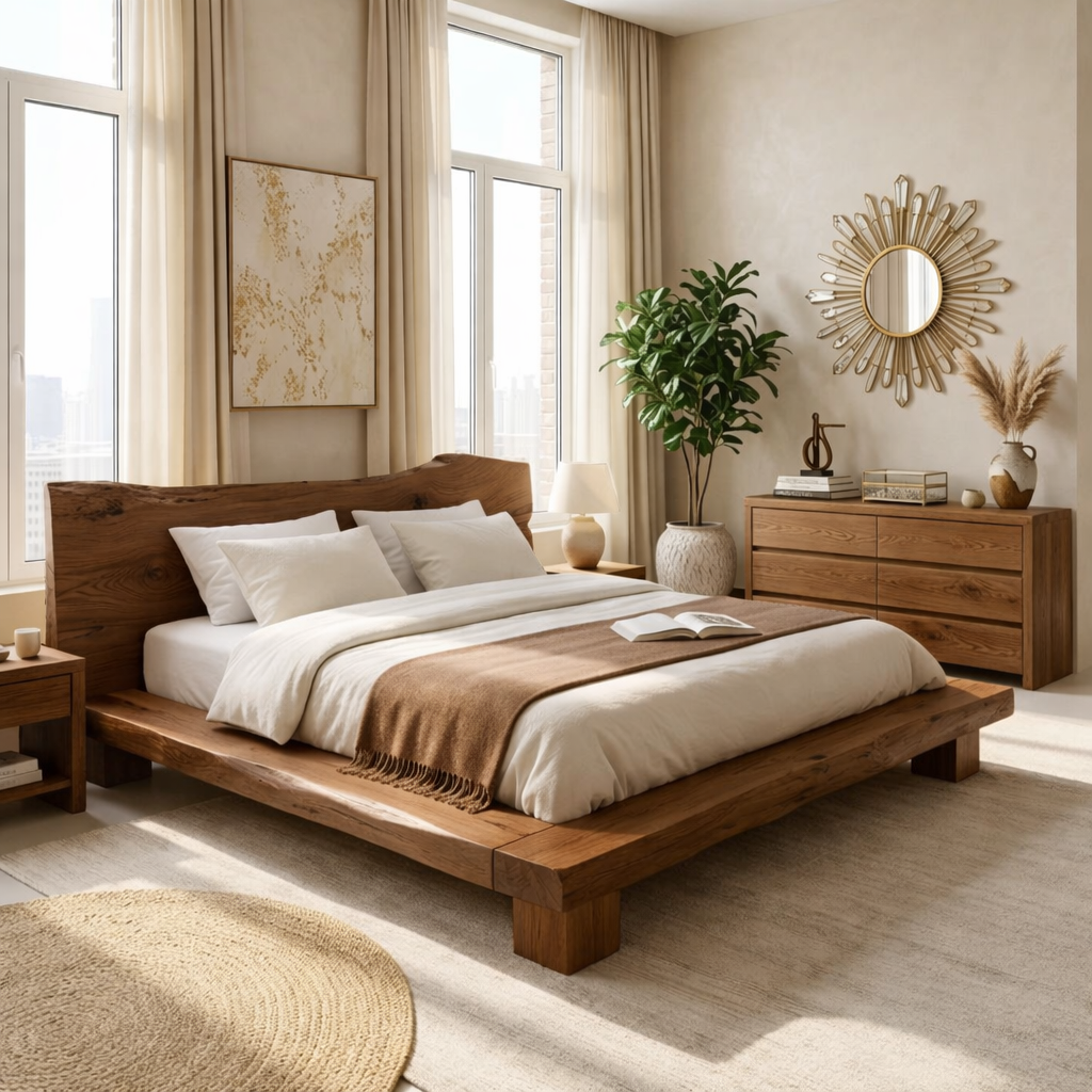 Organic Modern Platform Bed Frame, Rustic Minimalist Bedroom Furniture Statement