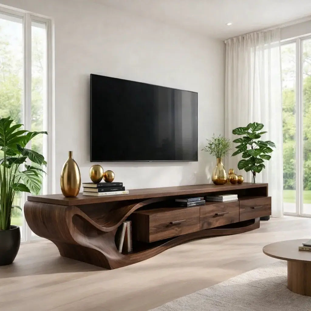 Solid Wood TV Cabinet with Curved Base – Modern Oak Media Console Kitchnce