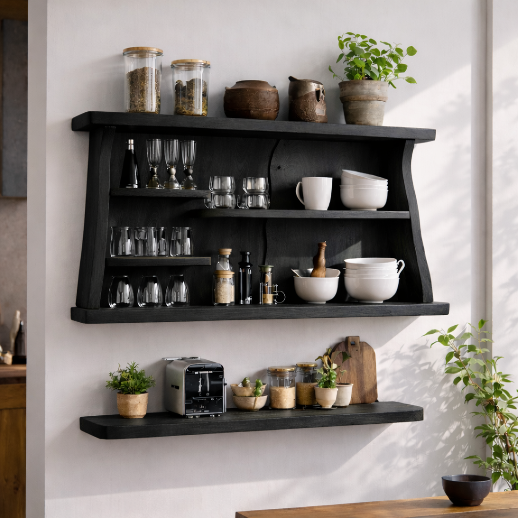 Solid Wood Kitchen Cabinet Shelf – Rustic Wall Mounted Open Storage Rack