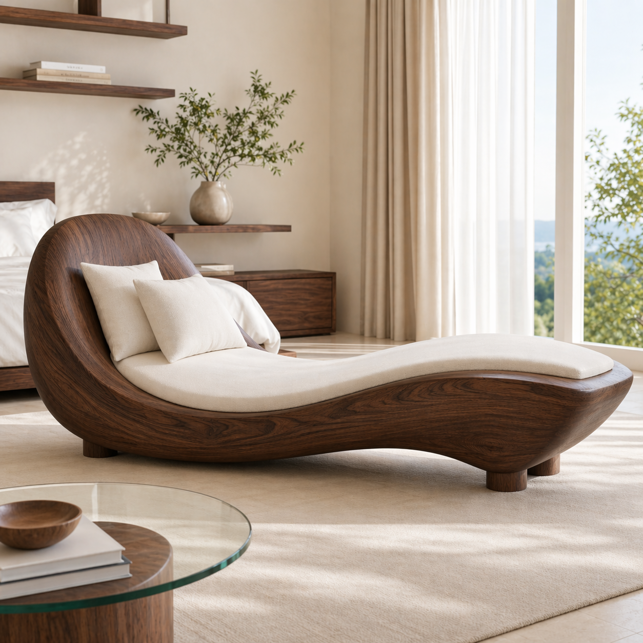 Modern Curved Chaise Lounge Sculptural Daybed with Cushion for Bedroom Decor