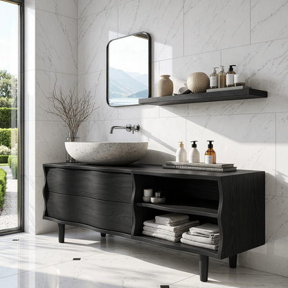 Contemporary Solid Wood Freestanding Bathroom Vanity with Sculpted Open Shelving