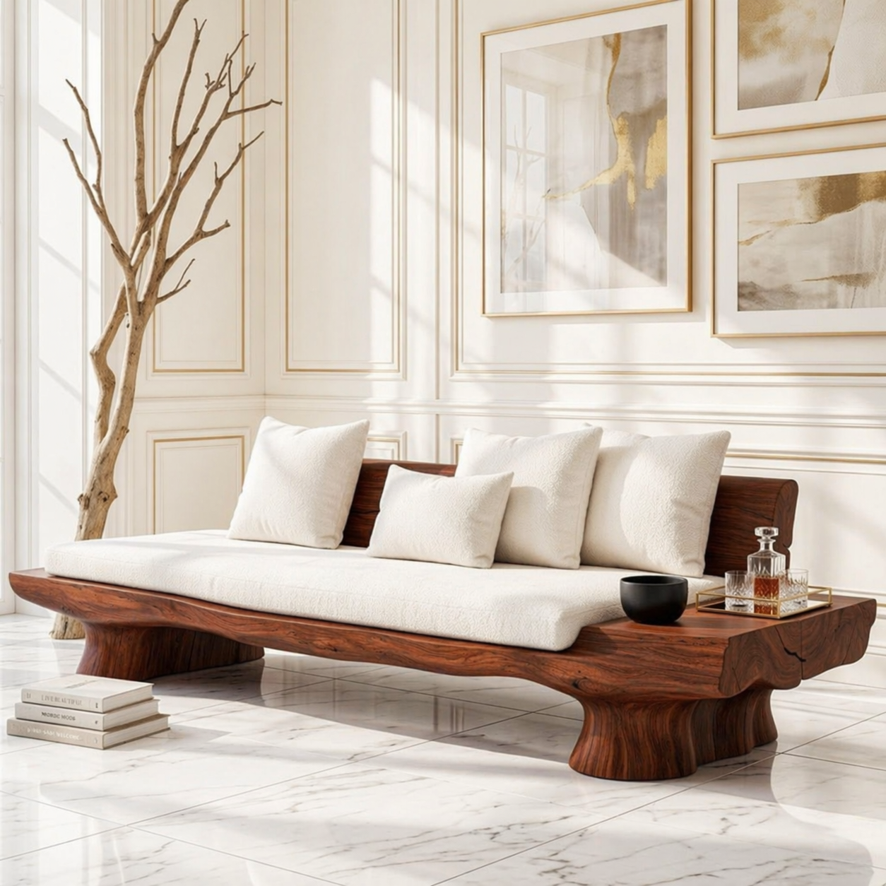Organic Modern Wooden Sofa, Minimalist Statement Daybed with Plush Cream Cushions