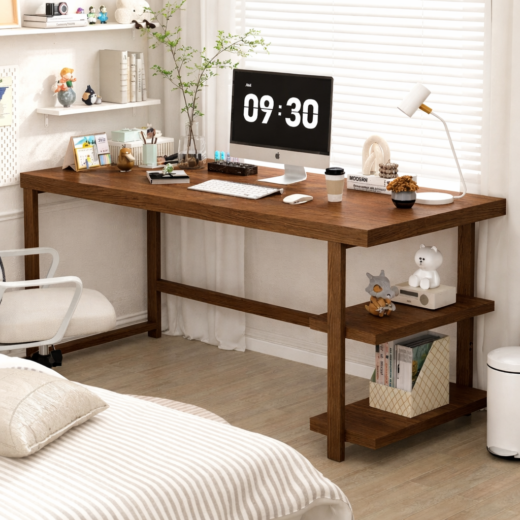 Minimalist Wooden Desk with Shelf for Office, Study, or Bedroom