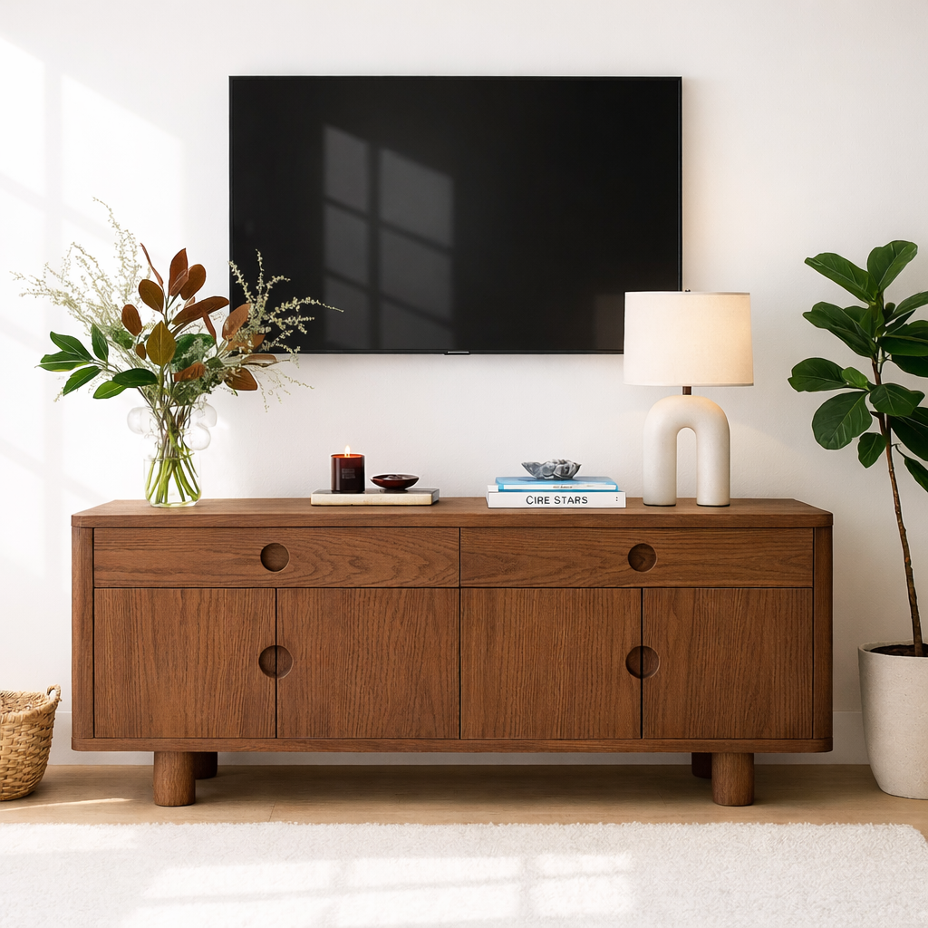Minimalist Wood TV Stand With Cabinet Doors Long Media Console Modern Entertainment Center Kitchnce