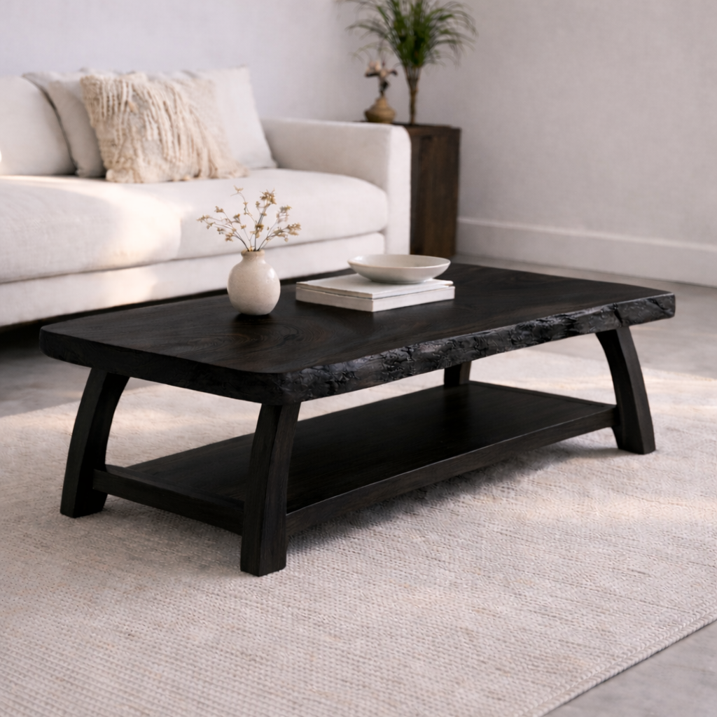 Live Edge Solid Wood Coffee Table with Storage Shelf – Rustic Modern Living Room Table
