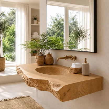 Live Edge Carved Sink Vanity | Thick Slab Solid Wood Floating Bathroom Kitchnce