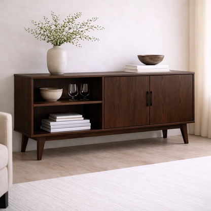Solid Wood Console Cabinet with Open Shelves and Storage Doors