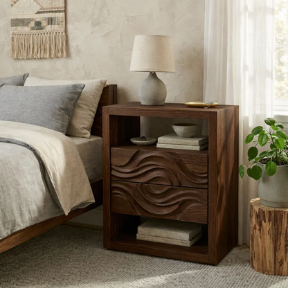 Solid Wood Nightstand with Carved Drawer – Modern Table with Storage