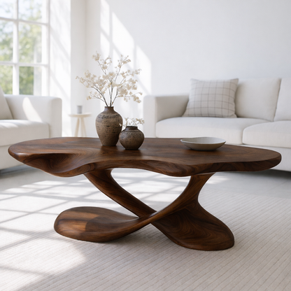 Modern Solid Wood Coffee Table with Sculptural Curved Base for Living Room Kitchnce