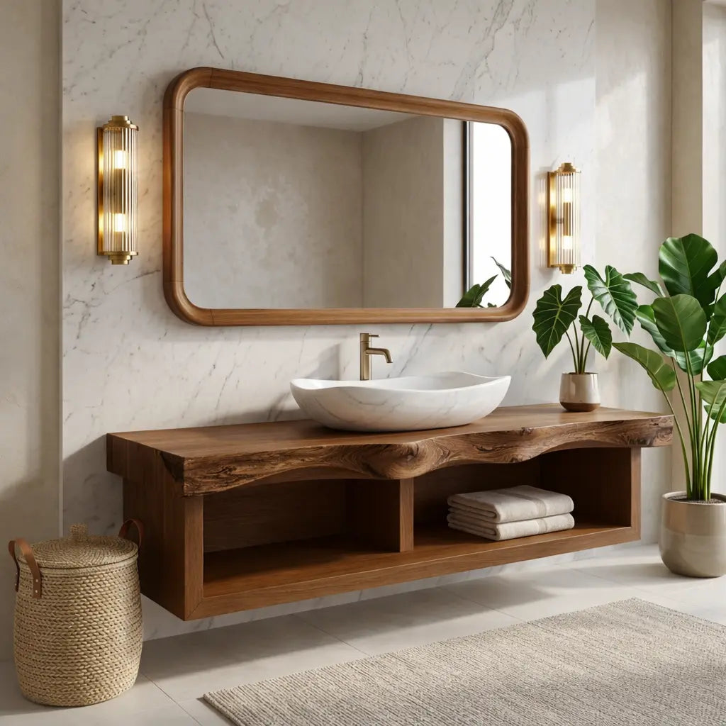 Floating Vanity with Natural Walnut Wood, Unique Curve Design and Open Shelf Kitchnce