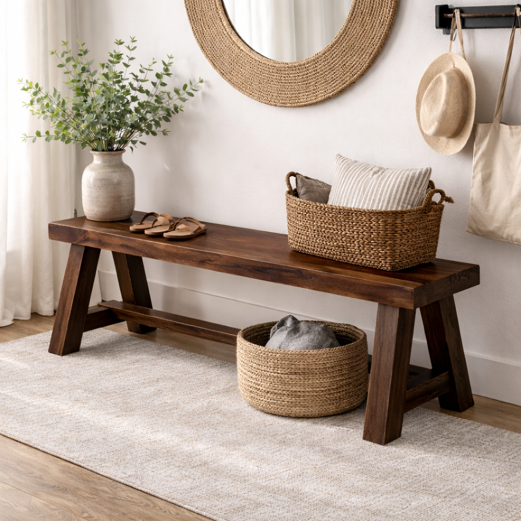 Rustic Solid Wood Entryway Bench with Storage | Modern Hallway Seating Kitchnce