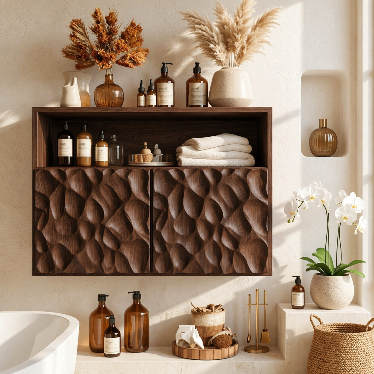Floating Bathroom Cabinet, Sculpted Double Door Wall Mounted Vanity Storage Unit