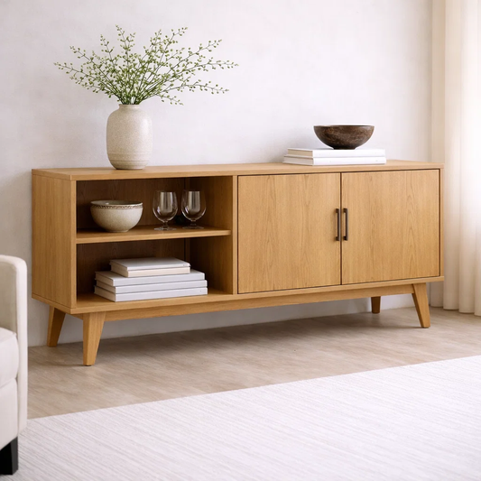 Solid Wood Console Cabinet with Open Shelves and Storage Doors