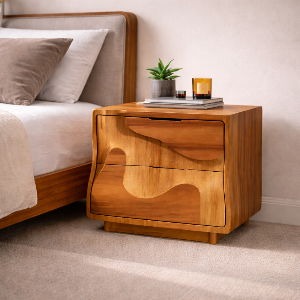 Modern Solid Wood Nightstand with 2 Drawers – Sculptural Bedside Table Storage