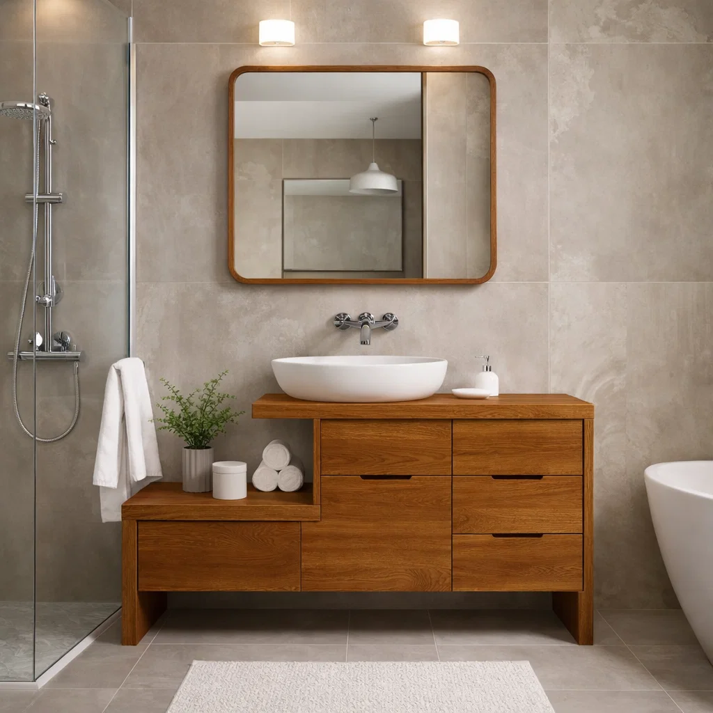 Modern Solid Wood Bathroom Vanity Cabinet with Drawers & Open Shelf Storage