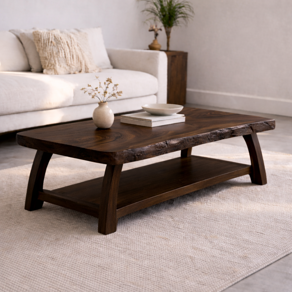 Live Edge Solid Wood Coffee Table with Storage Shelf – Rustic Modern Living Room Table Kitchnce