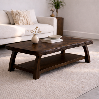 Live Edge Solid Wood Coffee Table with Storage Shelf – Rustic Modern Living Room Table Kitchnce