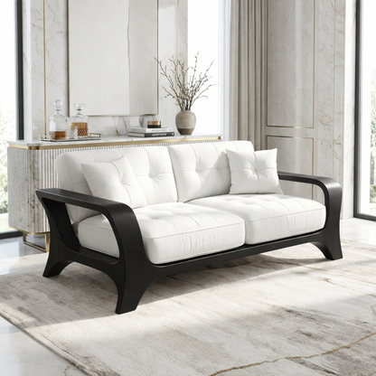Luxury Curved Solid Wood Sofa with White Tufted Cushions Modern Designer Couch