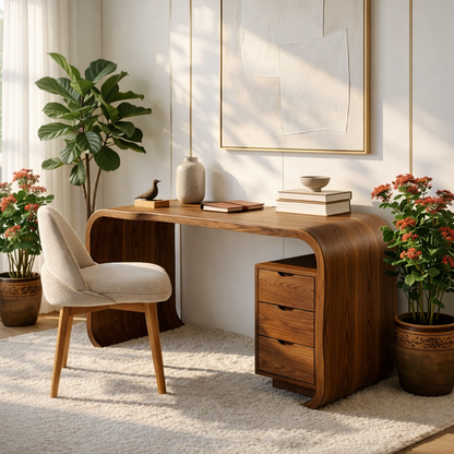 Curved Writing Desk with Drawer Storage Modern Home Office Table Minimal Workstation