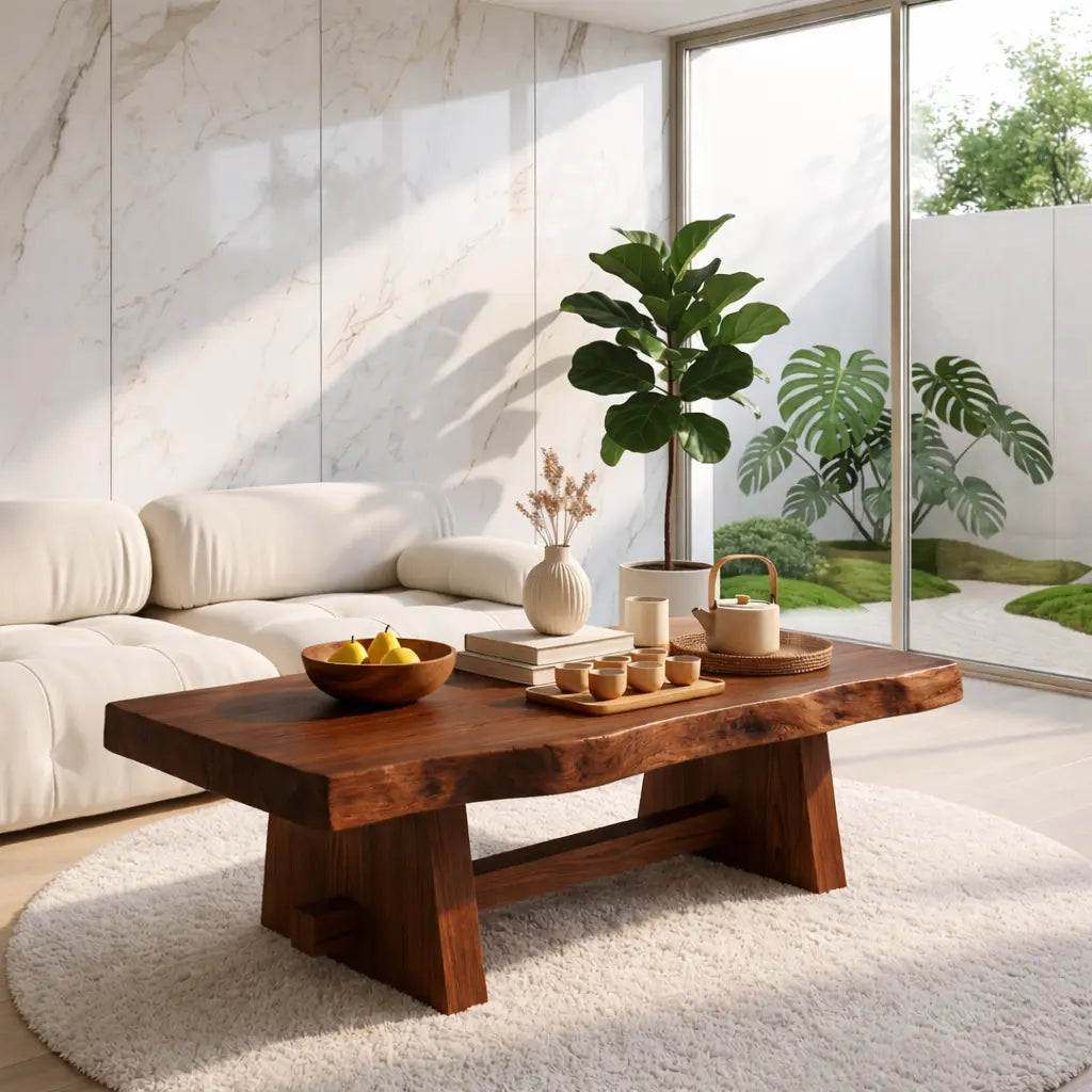 Solid Wood Coffee Table with Unique Design and Spacious Storage Shelf for Living Room Kitchnce