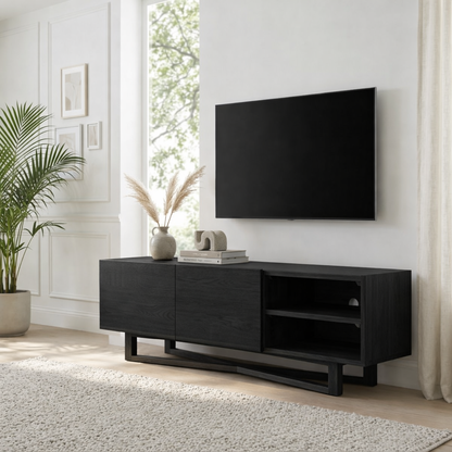 Solid Wood TV Stand with Shelves, Minimalist Entertainment Media Console Cabinet