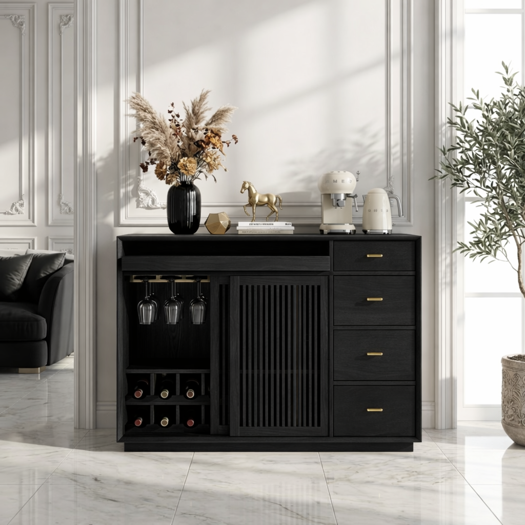 Contemporary Wooden Bar Cabinet, Coffee Station Sideboard with Wine Storage Drawers