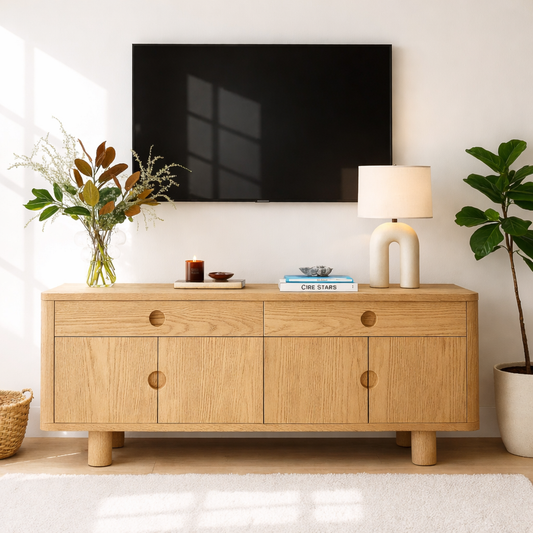 Minimalist Wood TV Stand With Cabinet Doors Long Media Console Modern Entertainment Center Kitchnce