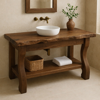 Solid Oak Floating Bathroom Vanity with Round Sink and Brass Fixtures Kitchnce