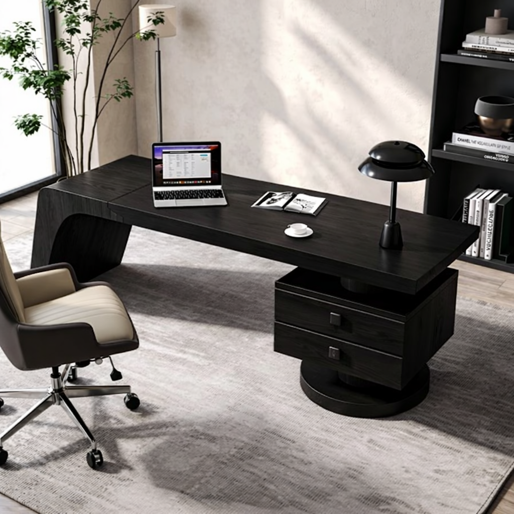 Modern Executive Desk with Curved Base and Drawers, Minimalist Office Writing Table