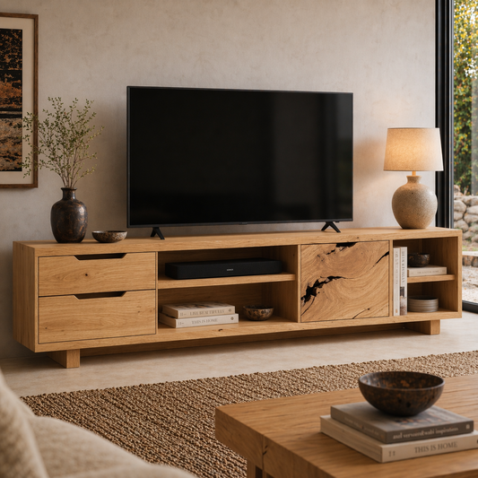 Solid Wood Media Console with Live Edge Door, Modern Rustic TV Stand with Storage