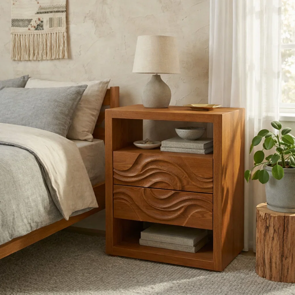 Solid Wood Nightstand with Carved Drawer – Modern Table with Storage