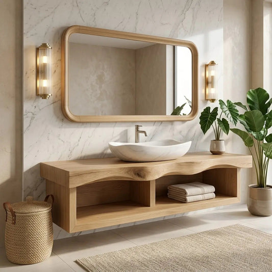 Floating Vanity with Natural Walnut Wood, Unique Curve Design and Open Shelf Kitchnce