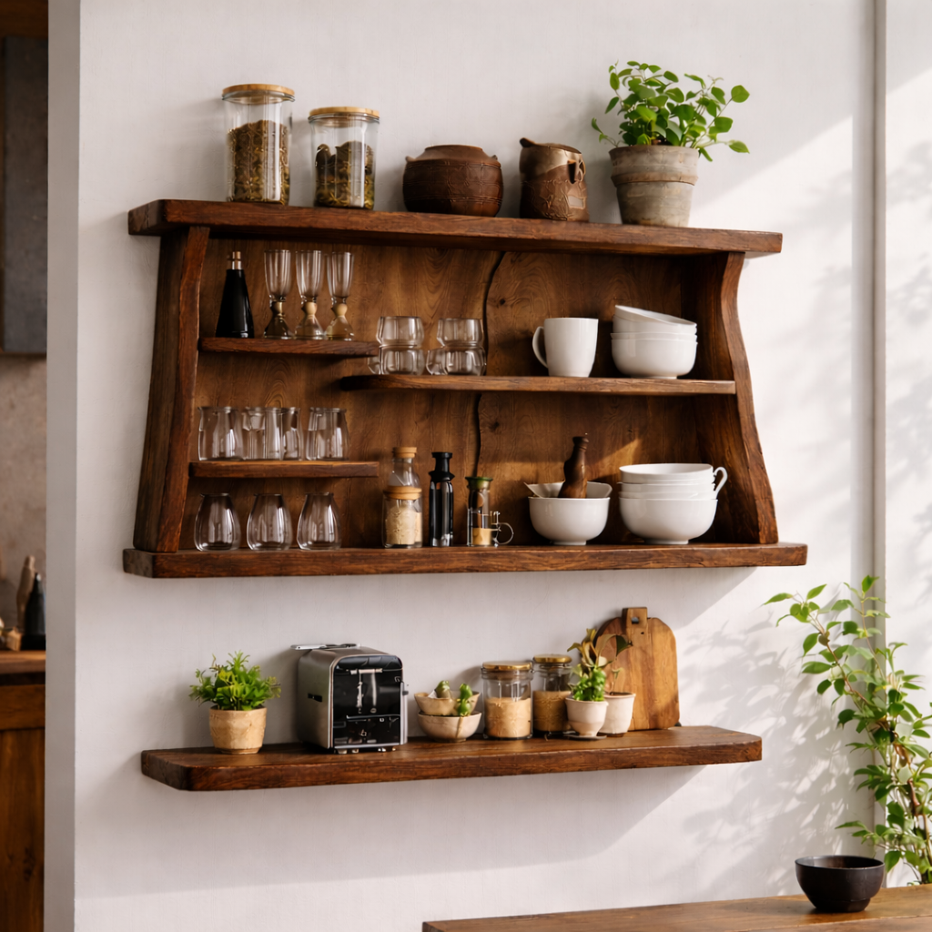 Solid Wood Kitchen Cabinet Shelf – Rustic Wall Mounted Open Storage Rack