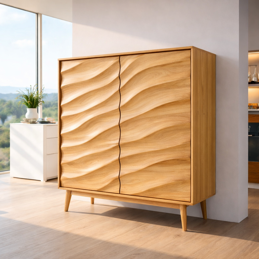 Solid Wood Bar Cabinet with Sculpted Wave Doors – Modern Mid Century Home Bar Storage