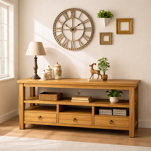 Solid Wood Console Table with Drawers, Rustic Oak Media Console Table with Open Shelves Kitchnce